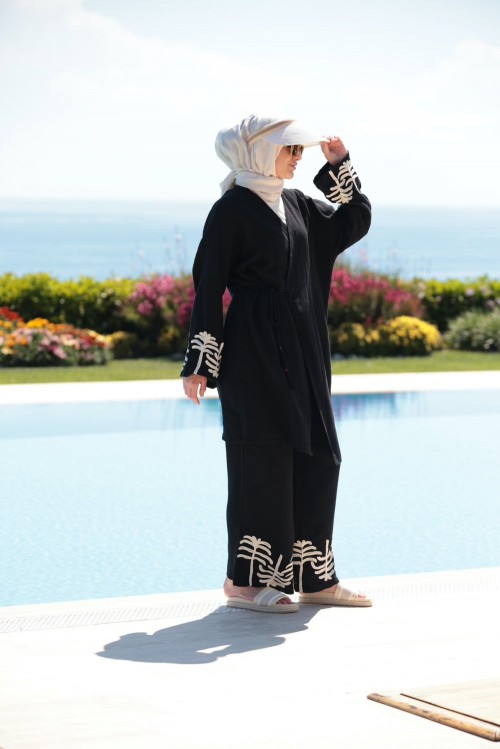 PALMİYE DETAYLI KIMONO TAKIM - SİYAH